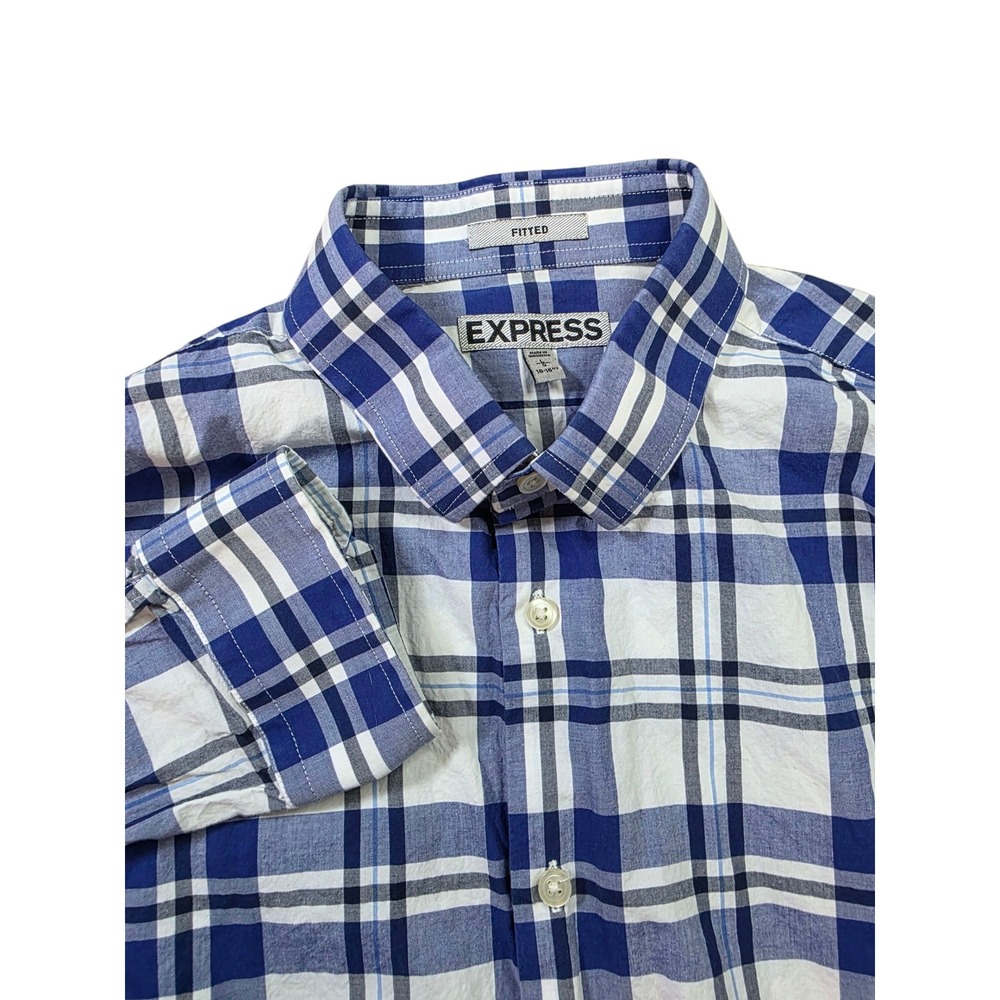 Express Fitted Plaid Button Down Shirt Blue White Mens Large 16-16 1/2